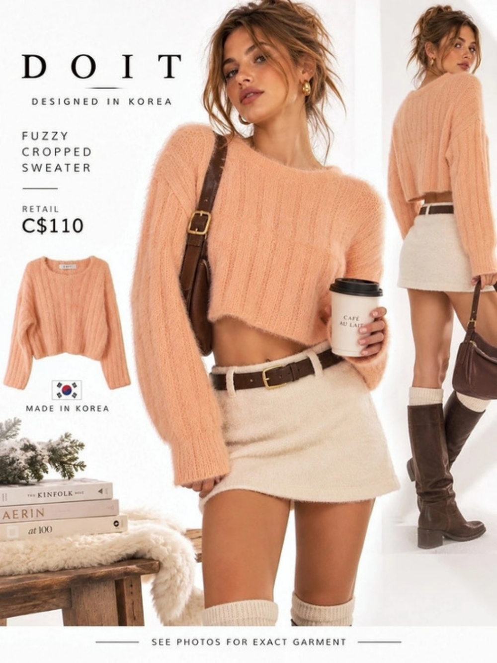 Fuzzy Cropped Sweater Apricot Coral Academia Preppy Coquette Old Money NYE Xmas